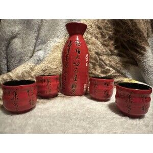 Japanese Ceramic Chinese Calligraphy Red and Black Sake Set Flask and Four Cups